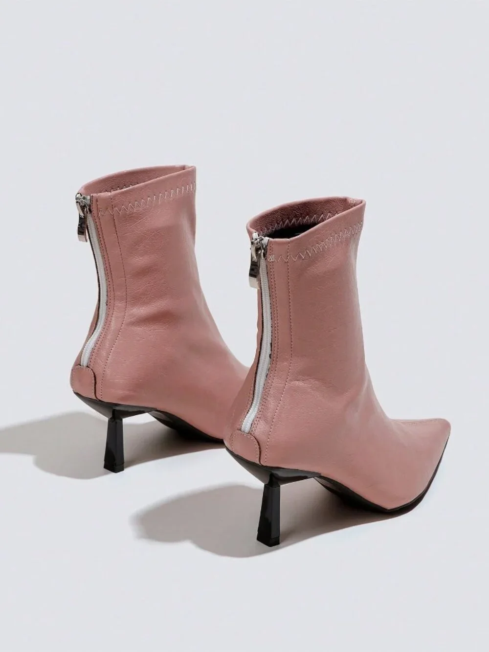 Pink Sexy Women's Pointed Toe Slim Elastic Back Zipper Mid Heel Ankle Boots